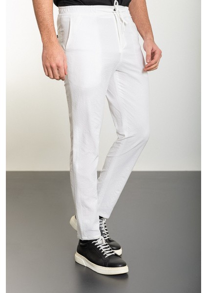 Çizgili Ekru Super Slim Fit Beli Lastikli İpli Gofre Erkek Pantolon