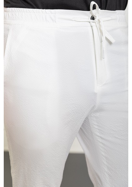 Çizgili Ekru Super Slim Fit Beli Lastikli İpli Gofre Erkek Pantolon fiyatları