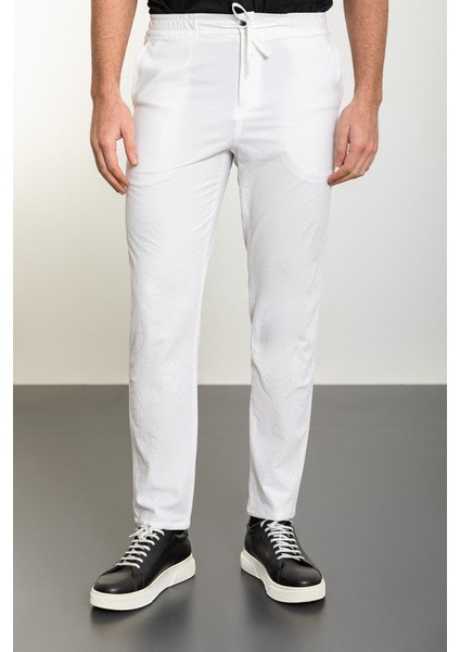 Çizgili Ekru Super Slim Fit Beli Lastikli İpli Gofre Erkek Pantolon modelleri