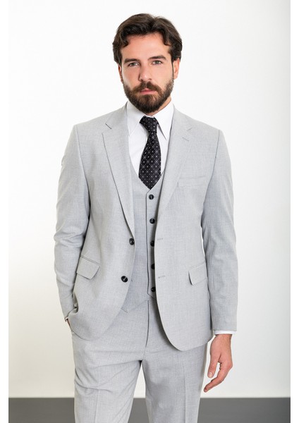 Düz Gri Slim Fit Mono Yaka 4 Drop Klasik Erkek Takım Elbise