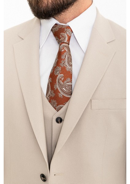 Düz Bej Slim Fit Mono Yaka 4 Drop Klasik Erkek Takım Elbise fiyatları