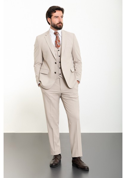 Düz Bej Slim Fit Mono Yaka 4 Drop Klasik Erkek Takım Elbise modelleri