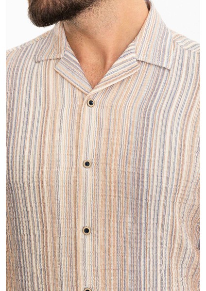 Çizgili Bej Slim Fit Apaç Yaka Kısa Kollu Erkek Gömlek fiyatları