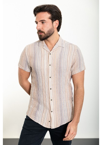 Çizgili Bej Slim Fit Apaç Yaka Kısa Kollu Erkek Gömlek modelleri