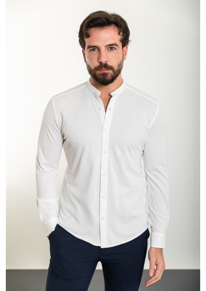 Düz Ekru Slim Fit Hakim Yaka Uzun Kollu Erkek Gömlek