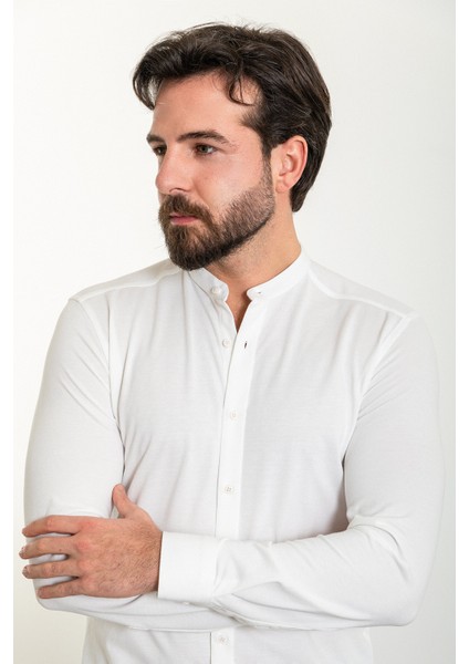 Düz Ekru Slim Fit Hakim Yaka Uzun Kollu Erkek Gömlek fırsatları