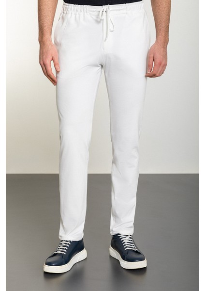 Düz Ekru Super Slim Fit Beli Lastikli İpli Erkek Pantolon
