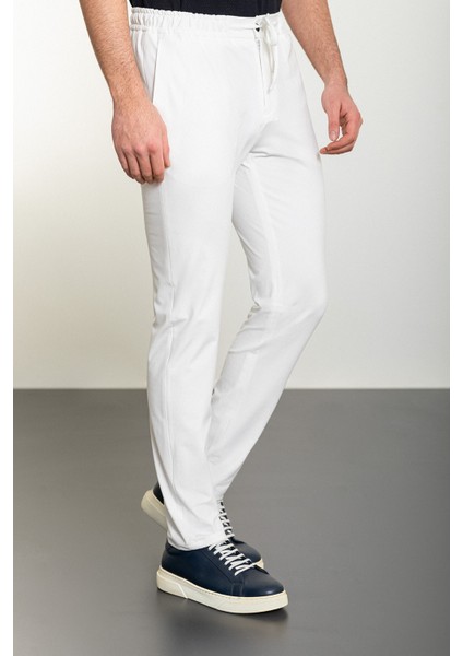 Düz Ekru Super Slim Fit Beli Lastikli İpli Erkek Pantolon modelleri
