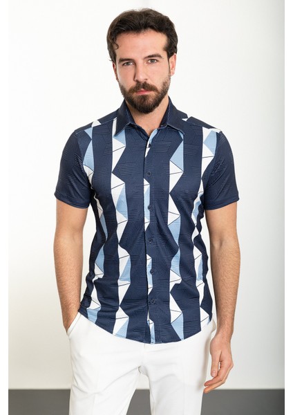 Desenli Lacivert Slim Fit Kısa Kollu Erkek Gömlek