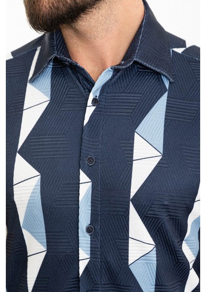Desenli Lacivert Slim Fit Kısa Kollu Erkek Gömlek fiyatları