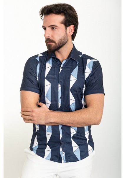 Desenli Lacivert Slim Fit Kısa Kollu Erkek Gömlek modelleri