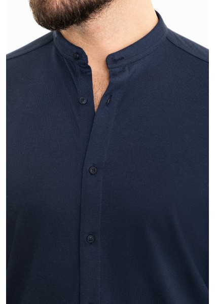 Düz Lacivert Slim Fit Hakim Yaka Uzun Kollu Erkek Gömlek fiyatları