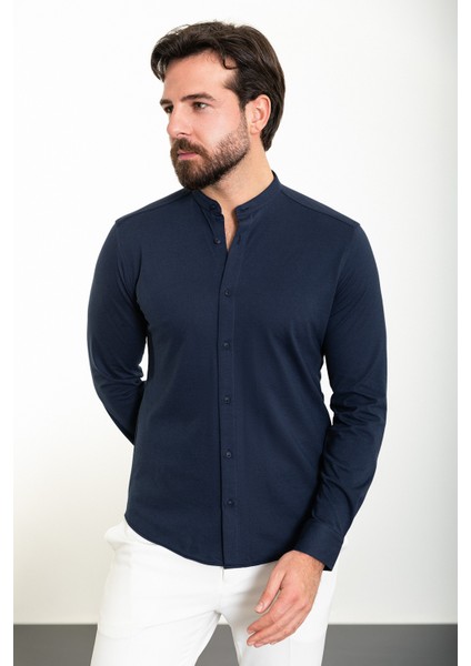 Düz Lacivert Slim Fit Hakim Yaka Uzun Kollu Erkek Gömlek modelleri