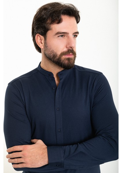 Düz Lacivert Slim Fit Hakim Yaka Uzun Kollu Erkek Gömlek fırsatları