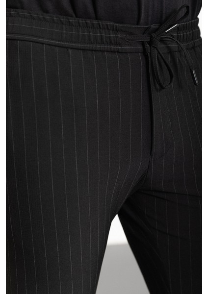 Çizgili Siyah Super Slim Fit Beli Lastikli İpli Erkek Pantolon