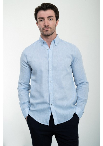 Düz Mavi Slim Fit Keten Erkek Gömlek