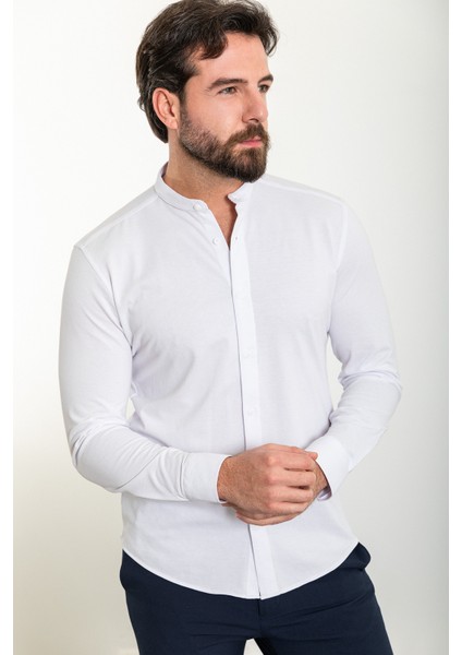 Düz Beyaz Slim Fit Hakim Yaka Uzun Kollu Erkek Gömlek modelleri