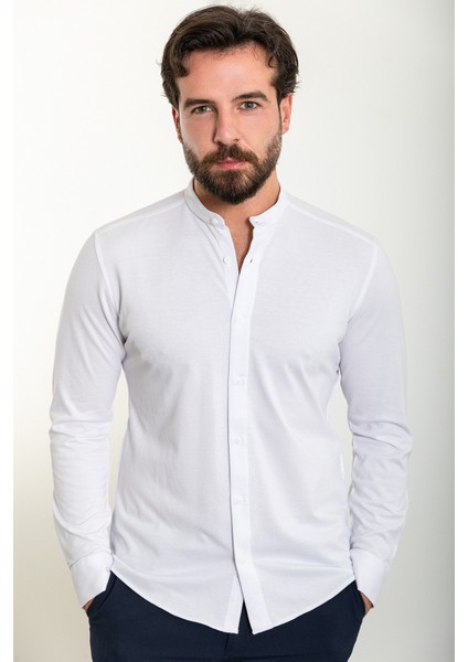 Düz Beyaz Slim Fit Hakim Yaka Uzun Kollu Erkek Gömlek fırsatları