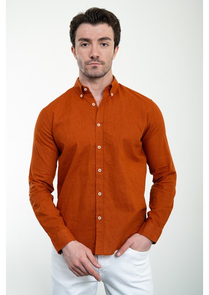 Düz Kiremit Rengi Slim Fit Keten Erkek Gömlek
