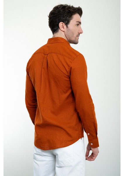 Düz Kiremit Rengi Slim Fit Keten Erkek Gömlek modelleri