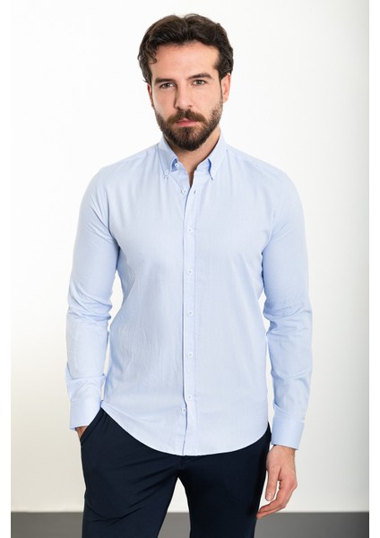 Düz Mavi Slim Fit Uzun Kollu Erkek Gömlek