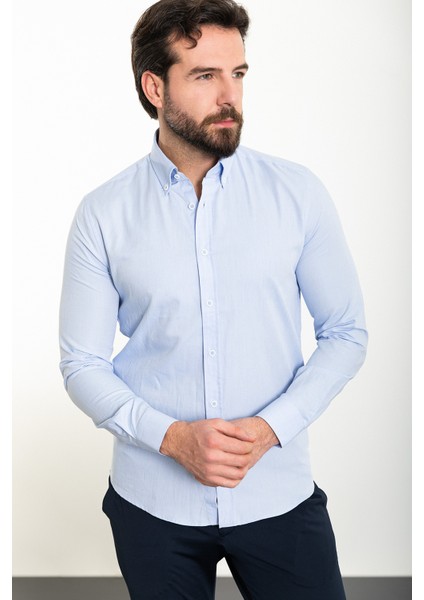 Düz Mavi Slim Fit Uzun Kollu Erkek Gömlek modelleri