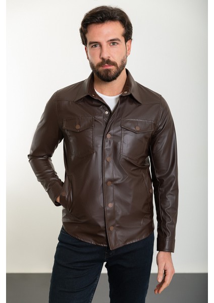 Düz Kahverengi Slim Fit Gömlek Yaka Suni Deri Erkek Mont modelleri