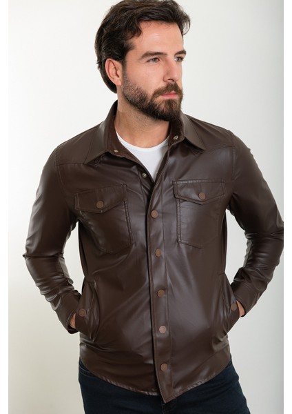 Düz Kahverengi Slim Fit Gömlek Yaka Suni Deri Erkek Mont fırsatları