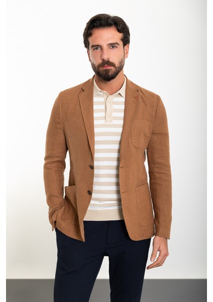 Düz Kamel Slim Fit Torba Cep Mono Yaka Keten Erkek Ceket modelleri