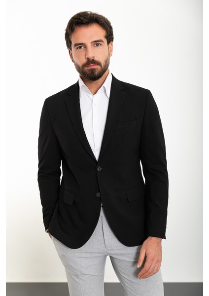 Düz Siyah Slim Fit Mono Yaka Erkek Ceket