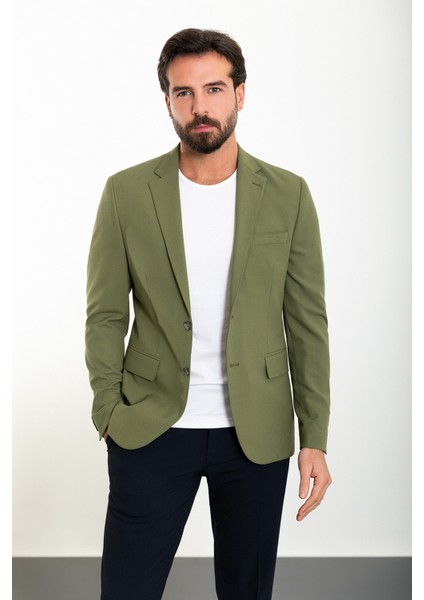 Düz Haki Slim Fit Mono Yaka Erkek Ceket