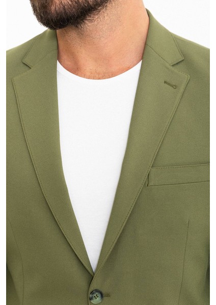 Düz Haki Slim Fit Mono Yaka Erkek Ceket
