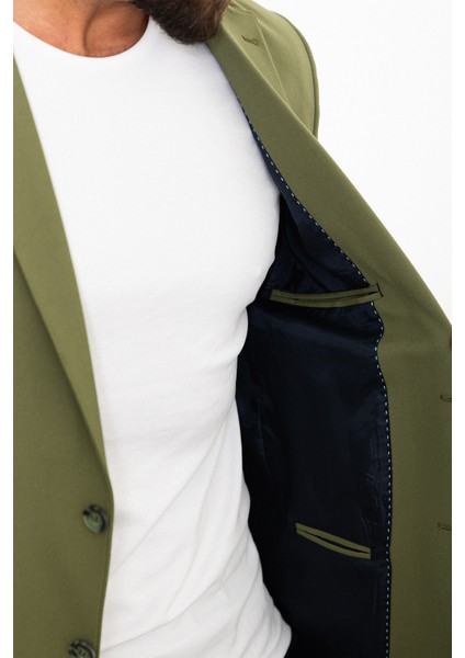 Düz Haki Slim Fit Mono Yaka Erkek Ceket