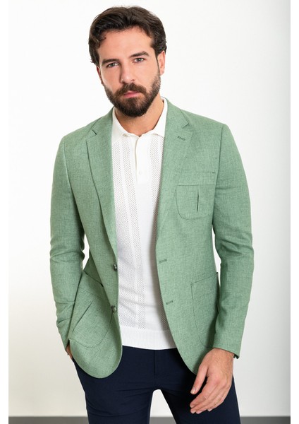 Kırçıllı Yeşil Slim Fit Torba Cep Mono Yaka Keten Erkek Ceket