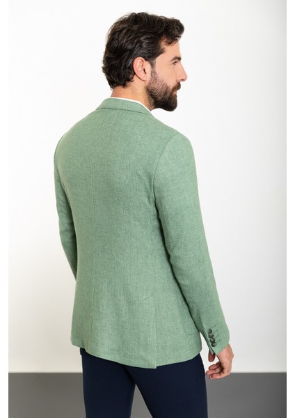 Kırçıllı Yeşil Slim Fit Torba Cep Mono Yaka Keten Erkek Ceket
