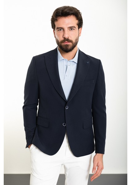 Düz Lacivert Slim Fit Geniş Yaka Erkek Ceket