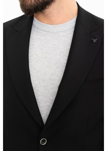 Düz Siyah Slim Fit Geniş Yaka Erkek Ceket fiyatları