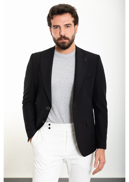 Düz Siyah Slim Fit Geniş Yaka Erkek Ceket modelleri