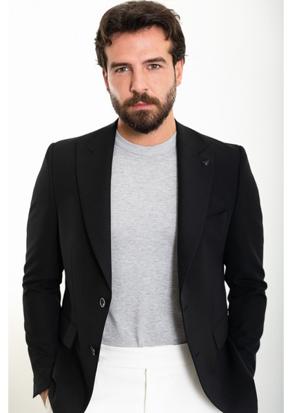 Düz Siyah Slim Fit Geniş Yaka Erkek Ceket fırsatları