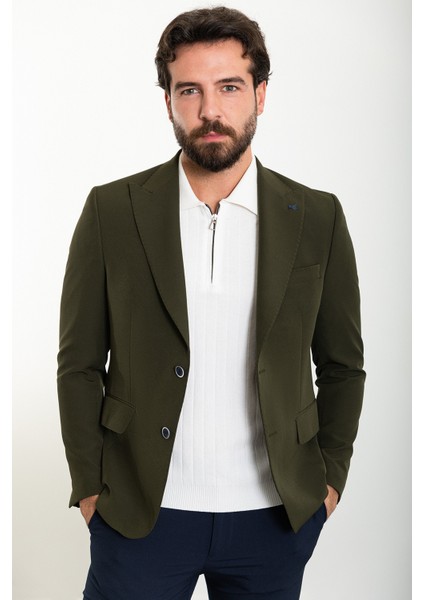 Düz Haki Slim Fit Geniş Yaka Erkek Ceket