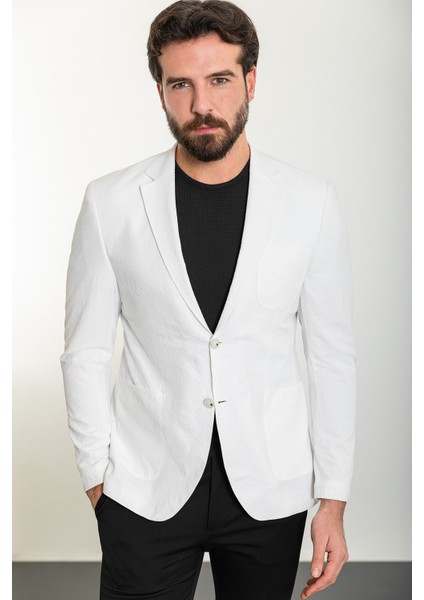 Çizgili Ekru Slim Fit Torba Cep Mono Yaka Gofre Erkek Ceket