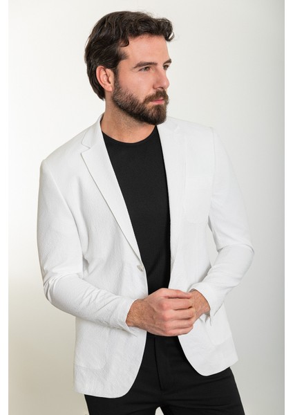 Çizgili Ekru Slim Fit Torba Cep Mono Yaka Gofre Erkek Ceket fırsatları