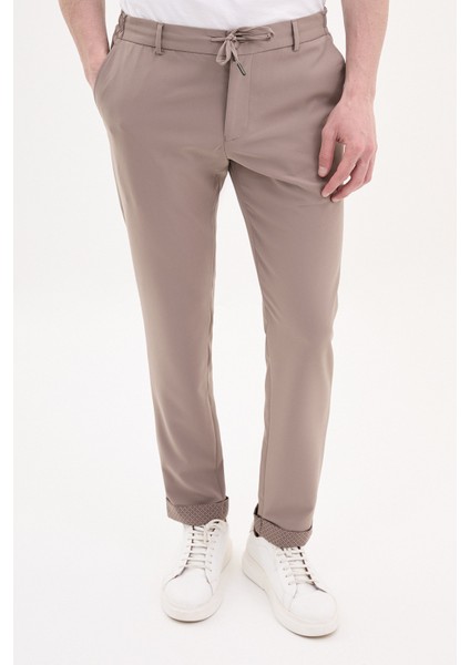 Düz Bej Super Slim Fit Beli Lastikli İpli Erkek Pantolon