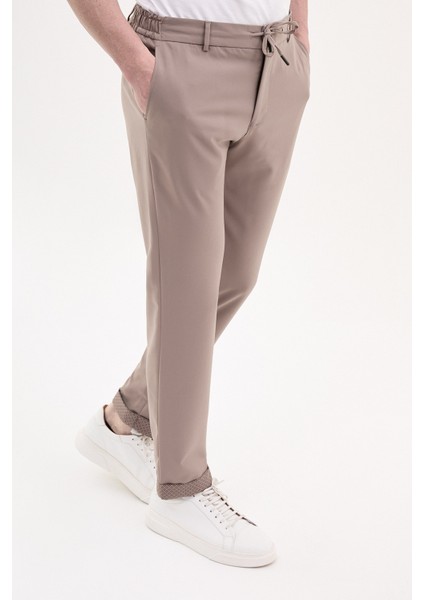 Düz Bej Super Slim Fit Beli Lastikli İpli Erkek Pantolon