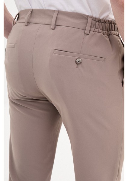 Düz Bej Super Slim Fit Beli Lastikli İpli Erkek Pantolon