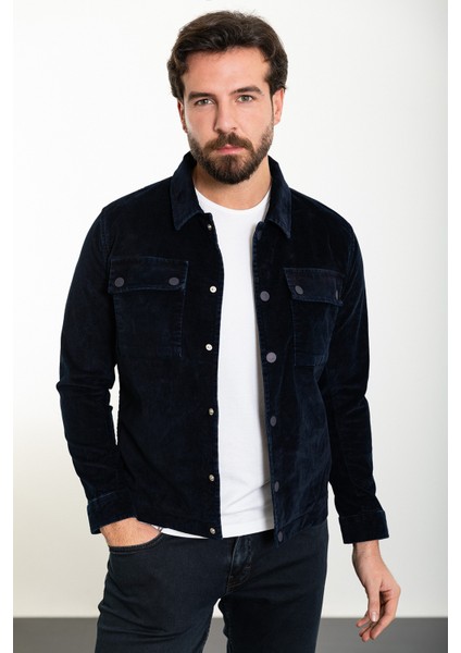 Çizgili Lacivert Slim Fit Gömlek Yaka Kadife Erkek Mont modelleri