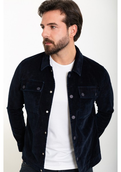Çizgili Lacivert Slim Fit Gömlek Yaka Kadife Erkek Mont fırsatları