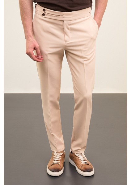 Düz Taş Rengi Super Slim Fit Kemer Detaylı Tokalı Erkek Pantolon