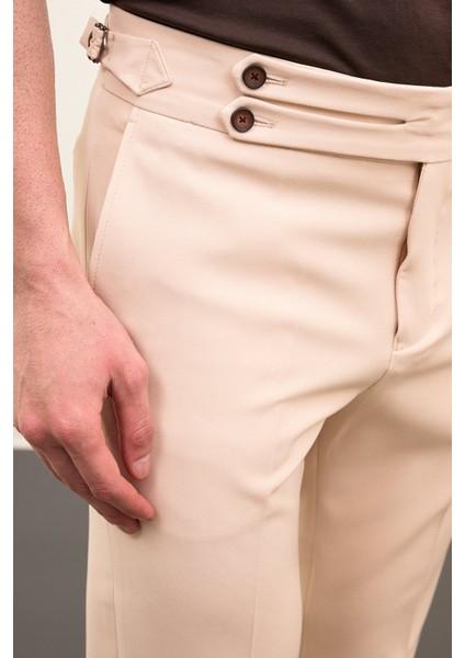 Düz Taş Rengi Super Slim Fit Kemer Detaylı Tokalı Erkek Pantolon