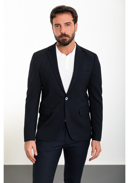 Çizgili Lacivert Slim Fit Mono Yaka Erkek Ceket